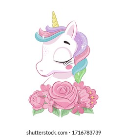 Cute magical unicorn with flowers. Vector illustration for baby shower, greeting card, party invitation, fashion clothes t-shirt print.