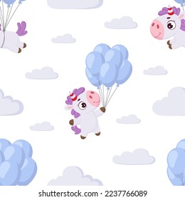 Cute magical unicorn flying on blue balloons seamless childish pattern. Funny magic unicorn cartoon character for fabric, wrapping, textile, wallpaper, apparel. Vector illustration
