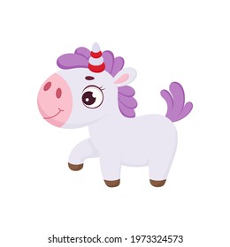Cute magical unicorn. Funny magic unicorn cartoon character for print, cards, baby shower, invitation, wallpapers, decor. Bright colored childish stock vector illustration.
