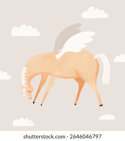 Cute Magical Unicorn. Funny Simple Vector Illustration Of Light Brown Unicorn With White Wings on a Light Gray Background. Nursery Art Ideal For Wal Art, Poster, Card. Kids Room Decoration. RGB.