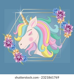  Cute magical unicorn with gold frame and flowers, shine horn. Vector illustration