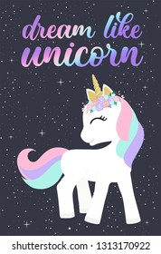 Cute magical unicorn. Handwritten lettering Unicorn Be like unicorn. Unicorn party, Birthday. Hand drawing illustration for childre