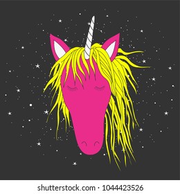 Cute magical unicorn head. Hand drawn elements for your designs dress, poster, card, t-shirt.