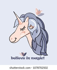 Cute magical unicorn head. Vector design