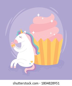 cute magical unicorn holding sweet cupcake cartoon vector illustration