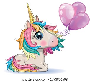 Cute magical unicorn holds balloons. Greeting card, concept, print, design.