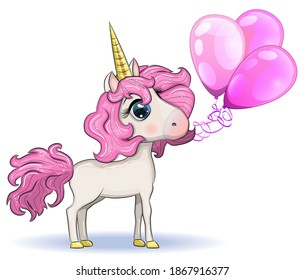 Cute magical unicorn holds balloons. Greeting card, concept, print, design.