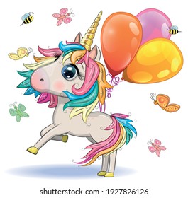 Cute magical unicorn holds balloons. Greeting card, concept, print, design.