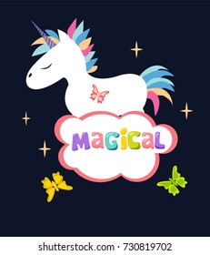 Cute Magical Unicorn isolated on dark background Vector Design. Design can be used for greeting cards, posters and party invitations 