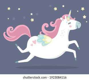 Cute magical unicorn. Little princess theme. Vector hand drawn illustration. Beautiful fantasy cartoon animal. Great for kids party, greeting cards, invitation, print for apparel