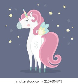 Cute magical unicorn. Little princess theme. Vector hand drawn illustration. Beautiful fantasy cartoon animal. Great for kids party, greeting cards, invitation, print for apparel