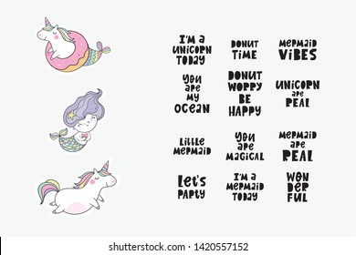 Cute magical unicorn, unicorn - mermaid,   vector illustration. Cool summer print with handwritten quotes - Mermaid vibes.  Can be used for T-shirt design and children's room decor.