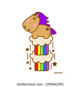 Cute magical unicorn on cloud with rainbows and stars. Beautiful cartoon character for your design.
