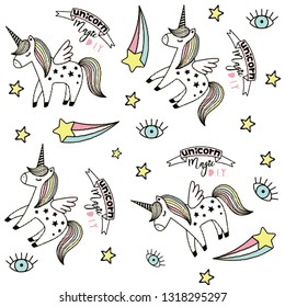 Cute magical unicorn on a cloud, rainbow, star. Vector design isolated. Illustration for children. 