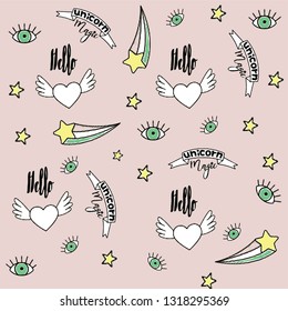 Cute magical unicorn on a cloud, rainbow, star. Vector design isolated. Illustration for children. 