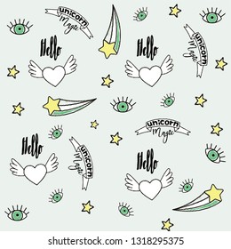 Cute magical unicorn on a cloud, rainbow, star. Vector design isolated. Illustration for children. 