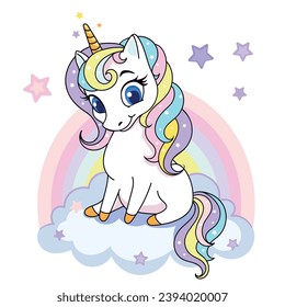 Cute magical unicorn on the cloud vector illustration