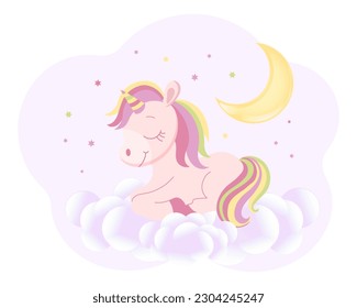 Unicornio mágico lindo sobre nubes en el cielo con luna y estrellas. Ilustración del bebé, postal, vector