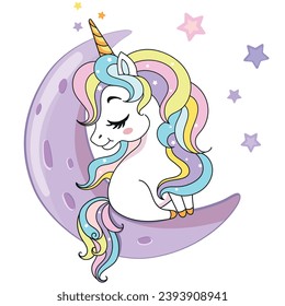 Cute magical unicorn on the Moon vector illustration