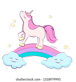 Cute magical unicorn on a rainbow, star, cloud. Vector design isolated. Illustration for children. Pink blue purple.