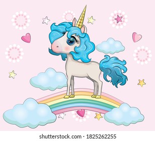 Cute magical unicorn on a rainbow. Greeting card, concept, print, design.