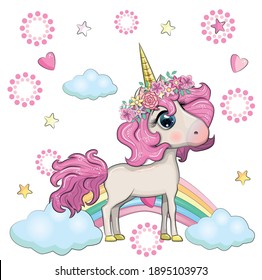 Cute Magical Unicorn On Rainbow Greeting Stock Vector (Royalty Free ...