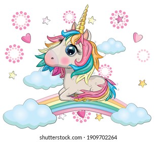 Cute magical unicorn on a rainbow. Greeting card, concept, print, design.