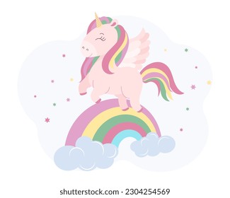 Cute magical unicorn on a rainbow with clouds in the sky with stars. Baby illustration, postcard, vector
