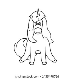 Cute magical unicorn outline drawing. Lovely picture for baby coloring book. Fancy illustration of a girlish fairy pony for kids.