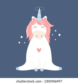 Cute magical unicorn in pastel colours. Print for t-shirt, greeting card or sticker. Vector illustration