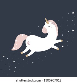 Cute magical unicorn in pastel colours. Print for t-shirt, greeting card or sticker. Vector illustration