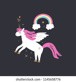 Cute magical unicorn pegasus art. Cartoon style, unique print for nursery posters, cards, mugs, clothes and other. Vector Illustration, clipart.