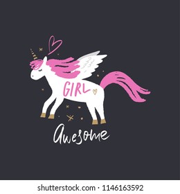 Cute magical unicorn pegasus art. Cartoon style, unique girl print for nursery posters, cards, mugs, clothes and other. Vector Illustration, clipart.