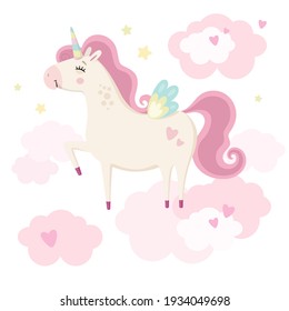 Cute magical unicorn in pink clouds. Little princess theme. Vector hand drawn illustration. Beautiful fantasy cartoon animal. Great for kids party, greeting cards, invitation, print for apparel, book