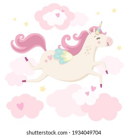 Cute magical unicorn in pink clouds. Little princess theme. Vector hand drawn illustration. Beautiful fantasy cartoon animal. Great for kids party, greeting cards, invitation, print for apparel, book