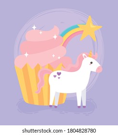 cute magical unicorn pink cupcake rainbow star animal cartoon vector illustration