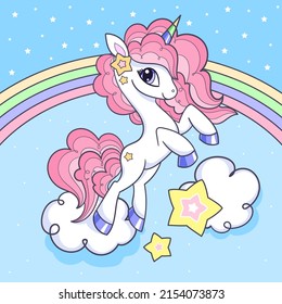 A cute magical unicorn with a pink mane on a cloud with a rainbow and stars. Fantasy creature. For children's design of prints, posters, cards, stickers and so on. Vector