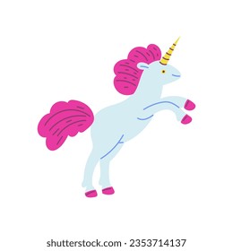 Cute magical unicorn with pink tail and mane. Vector cartoon fairy tale character illustration. Childrens hand drawing isolated on white background