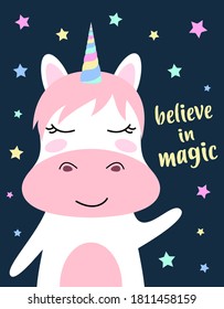 cute magical unicorn poster, card of little horse, stars and lettering believe in megic, vector illustration for children on blue background