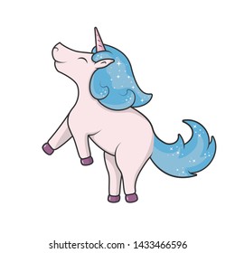 Cute magical unicorn. Print for baby t-shirt. Hand drawn illustration of a girlish fairy pony for kids.