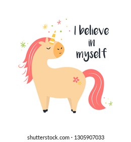 Cute magical unicorn. Print for t-shirt, greeting card or sticker. Vector illustration