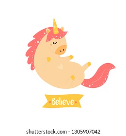 Cute magical unicorn. Print for t-shirt, greeting card or sticker. Vector illustration