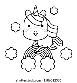 Cute magical unicorn, rainbow and clouds. Black and white vector illustration for coloring book