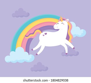 cute magical unicorn rainbow clouds sky animal cartoon vector illustration