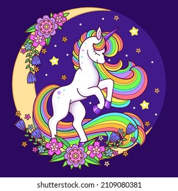 A cute magical unicorn with a rainbow mane. For children's design of prints, posters, cards, stickers and so on. Vector illustration