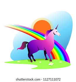 Cute magical unicorn and rainbow on fairytale glade with flowers,blue sky,sun. Modern flat cartoons vector illustration icons. Isolated on white. Fantastic mythological animal. Full-length unicorn