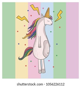 Cute magical unicorn and rainbow. Print for t-shirt or sticker. Romantic hand drawing illustration for children. Hand draw