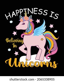 Cute magical unicorn and rainbow t shirt design. Print for t-shirt or sticker. Romantic hand drawing illustration for children.
