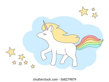 Cute magical unicorn with rainbow tail, lovely graphics for t-shirts, greeting card, good vibes.