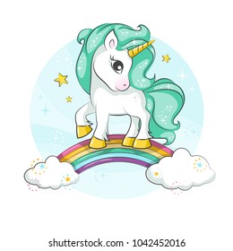 Cute magical unicorn and rainbow. Vector design isolated on white background. Print for t-shirt or sticker. Romantic hand drawing illustration for children. 